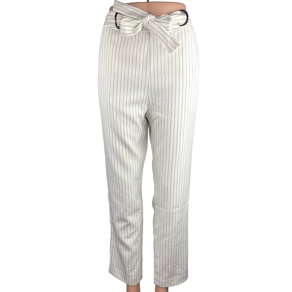 Lucy Paris White Black Striped High Rise Belted Straight Cropped Trouser Pants M